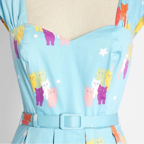 ModCloth Collectif Light Blue Dress with Multicolored Cats Motif - Picture 6 of 9
